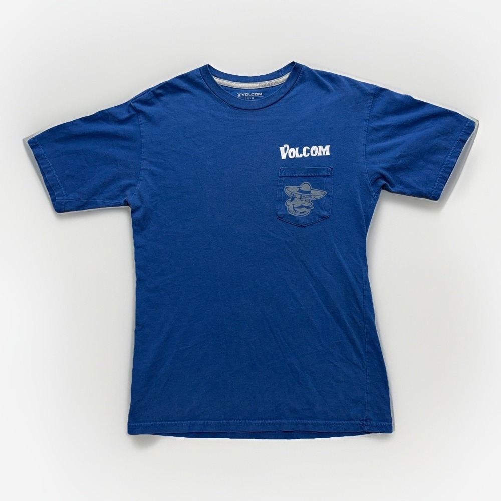 Volcom Graphic Pocket Blue T-shirt Size Small Surf Skate Old School Distressed